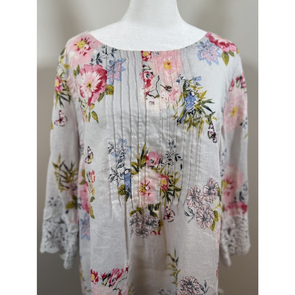 J Jill Love Linen Floral Top Size Medium Lace Trim Lagenlook Pleated Cottage - Picture 2 of 10